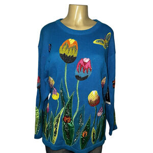 Cedars Sweater Womens Medium Floral Beaded Butterfly Tulip Garden Knit Pullover